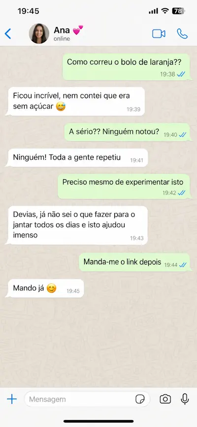 Conversa de WhatsApp: o bolo de laranja sem açúcar ficou incrível e ninguém notou