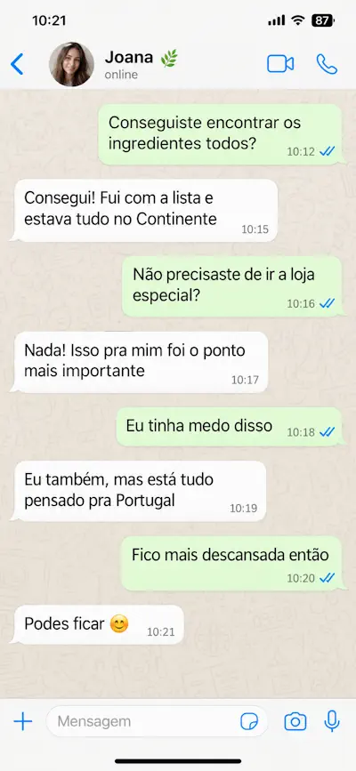 Conversa de WhatsApp: encontrou todos os ingredientes no Continente