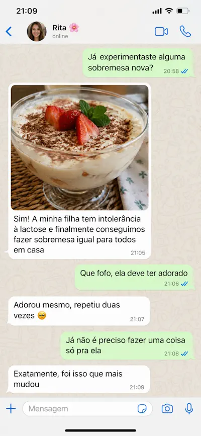 Conversa de WhatsApp: sobremesa sem lactose que toda a família pode comer