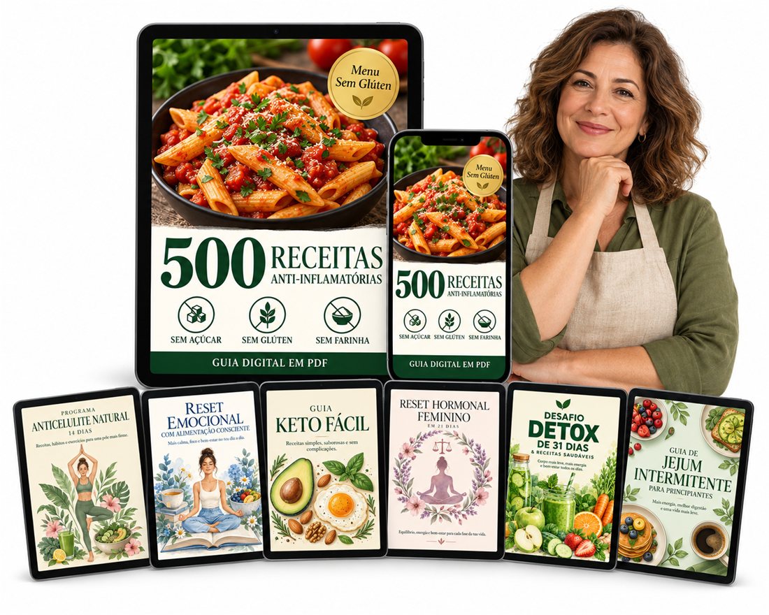 Livro digital 500 Receitas Anti-inflamatórias em tablet e telemóvel, com os bónus